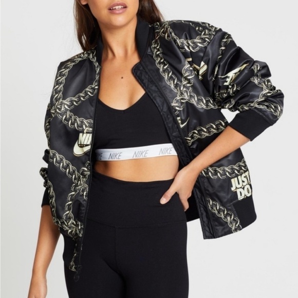 Nike Women’s satin black with gold chain bomber jacket size XS - Picture 1 of 14